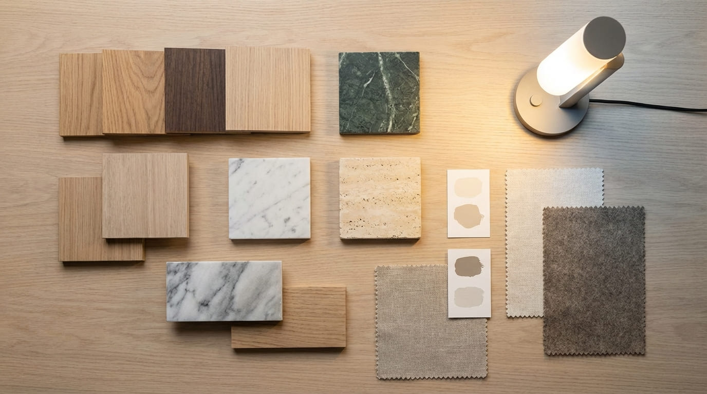 Образцы материалов и световых решений для интерьера